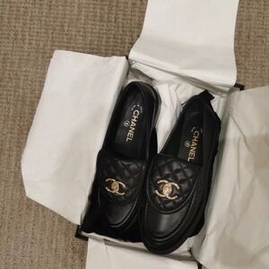 CHANEL Black Quilted Loafers